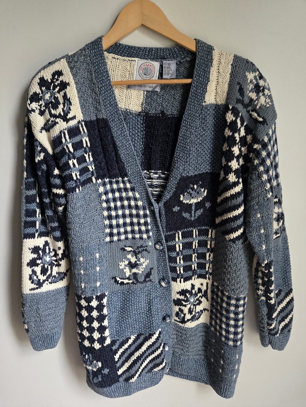 Vintage CAPE ISLE KNITTERS Blue Patchwork Ramie & Cotton Knit Cardigan Sweater